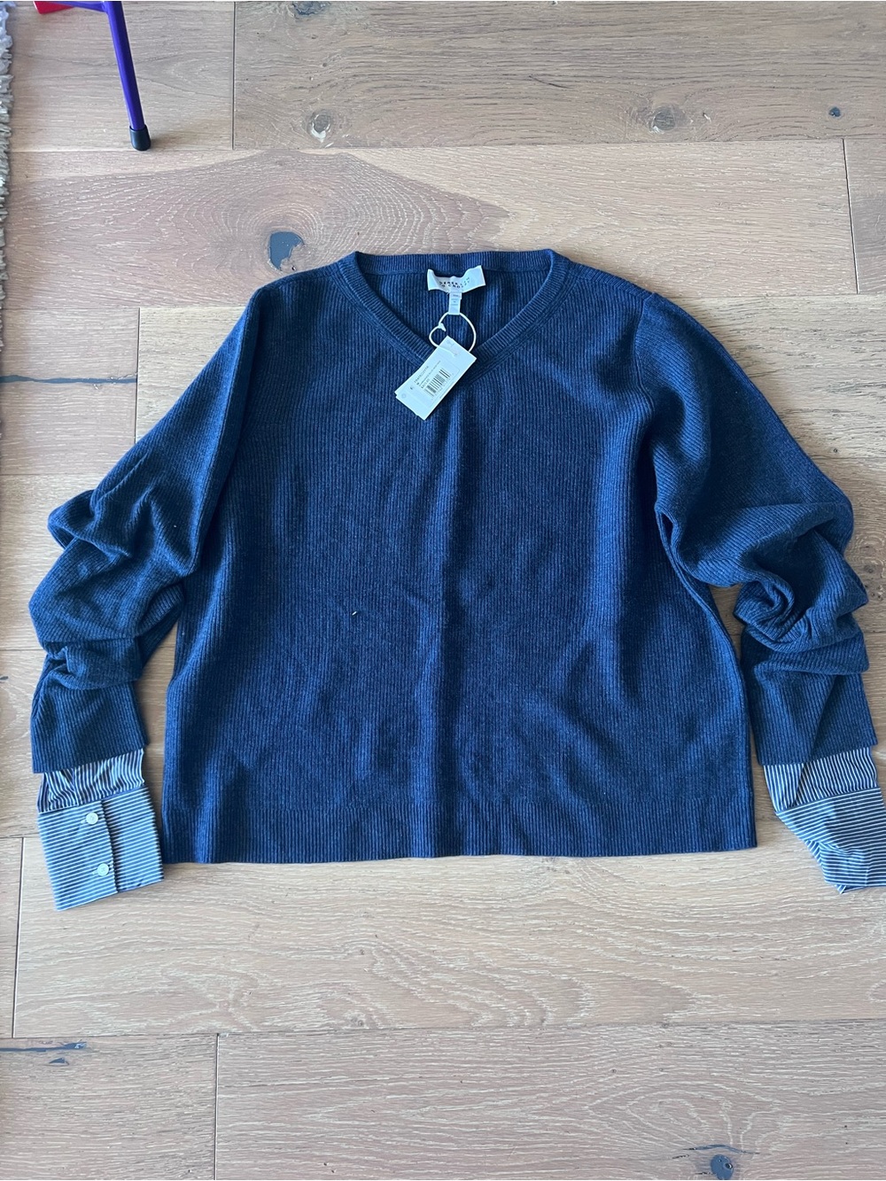Derek Lam 10 Crosby Oversized Navy V-Neck Sweater with Striped Shirt Cuffs